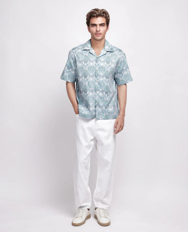 Rare Rabbit Men's Grit Blue Cotton Fabric Short Sleeve Cuban Neck Button Closure Abstract Shirt