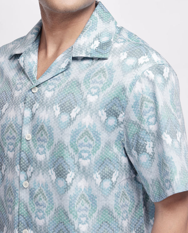 Rare Rabbit Men's Grit Blue Cotton Fabric Short Sleeve Cuban Neck Button Closure Abstract Shirt