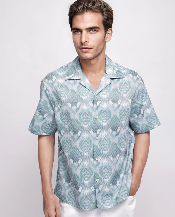 Rare Rabbit Men's Grit Blue Cotton Fabric Short Sleeve Cuban Neck Button Closure Abstract Shirt