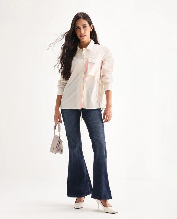 Rareism Women Grizzled Blue Cotton Lycra Fabric Mid Rise Solid Boot Cut Ankle Length Jeans