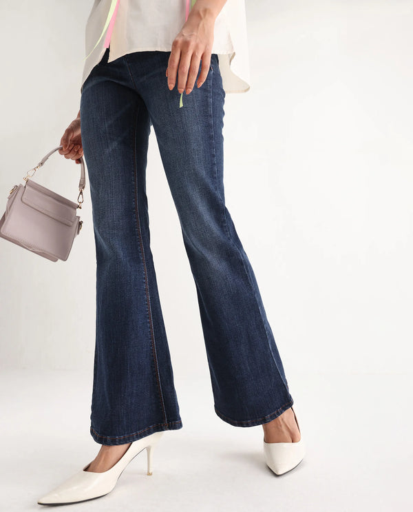 Rareism Women Grizzled Blue Cotton Lycra Fabric Mid Rise Solid Boot Cut Ankle Length Jeans