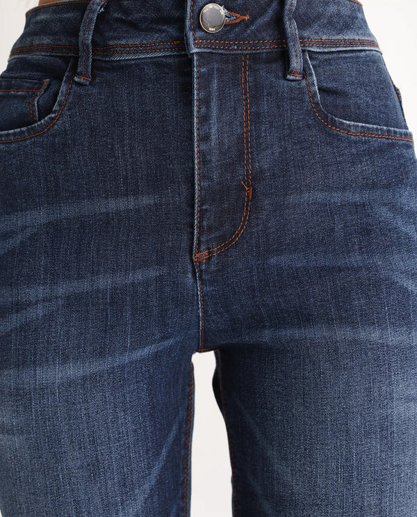 Rareism Women Grizzled Blue Cotton Lycra Fabric Mid Rise Solid Boot Cut Ankle Length Jeans