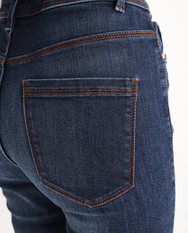 Rareism Women Grizzled Blue Cotton Lycra Fabric Mid Rise Solid Boot Cut Ankle Length Jeans