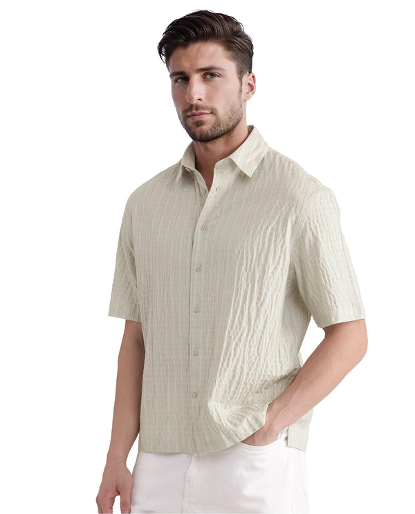 Rare Rabbit Men's Grolxan Pastel Green Cotton Fabric Half Sleeve Regular Collared Button Closure Seersucker Shirt