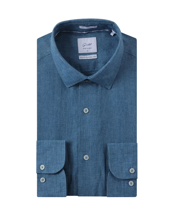 Rare Rabbit Mens Borium-2 Dusky Blue Full Sleeve Melange Linen Fabric Solid Shirt