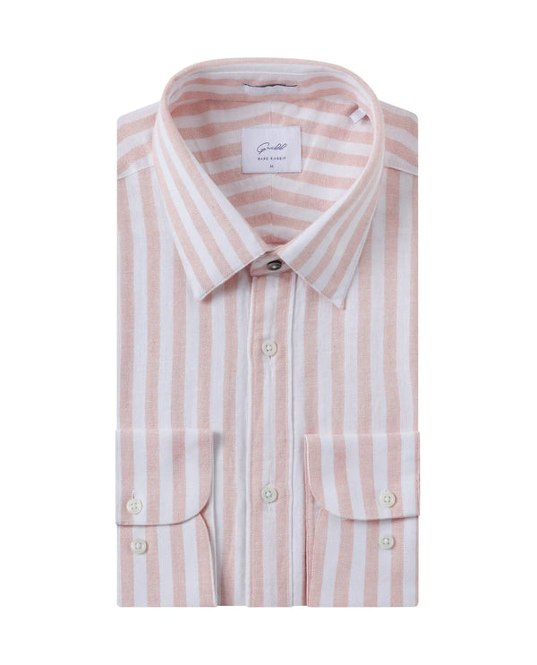 Rare Rabbit Mens Dopple Pastel Peach Full Sleeve Regular Collar Cotton Linen Blend Stripe Shirt