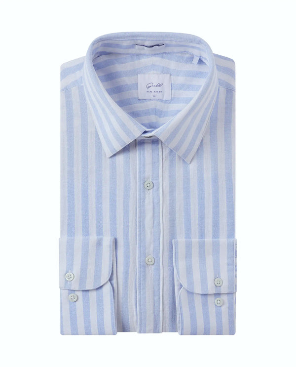 Rare Rabbit Mens Dopple Light Blue Full Sleeve Regular Collar Cotton Linen Blend Stripe Shirt