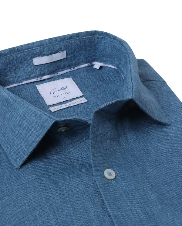 Rare Rabbit Mens Borium-2 Dusky Blue Full Sleeve Melange Linen Fabric Solid Shirt