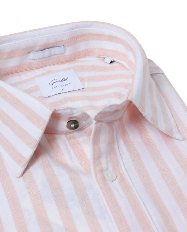 Rare Rabbit Mens Dopple Pastel Peach Full Sleeve Regular Collar Cotton Linen Blend Stripe Shirt