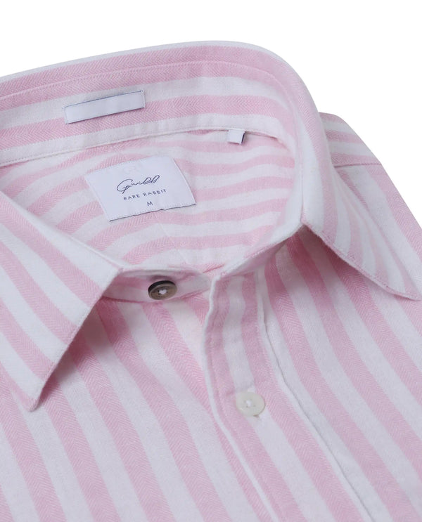 Rare Rabbit Mens Dopple Light Pink Full Sleeve Spread Collar Cotton Linen Blend Stripe Shirt