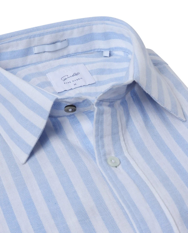 Rare Rabbit Mens Dopple Light Blue Full Sleeve Regular Collar Cotton Linen Blend Stripe Shirt