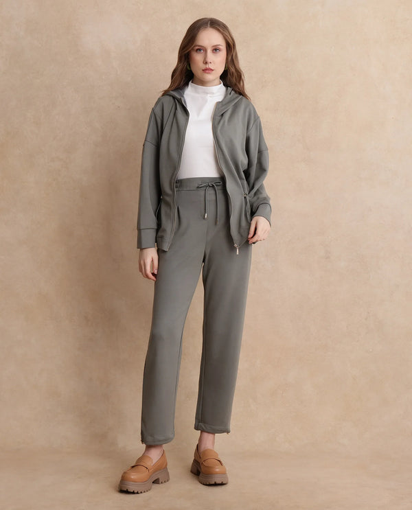 Rareism Women Gumushane Green Modal Lycra Fabric Straight Fit Ankle Length Plain Track Pant
