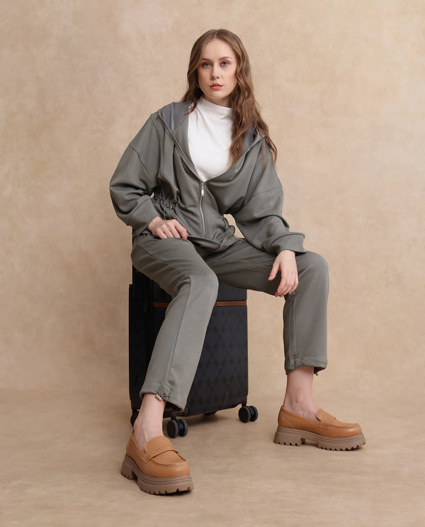 Rareism Women Gumushane Green Modal Lycra Fabric Straight Fit Ankle Length Plain Track Pant