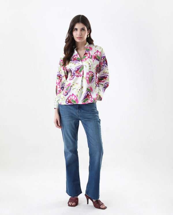 Rareism Women Gunay Multi Polyester Fabric Full Sleeve V-Neck Button Closure Abstract Print Regular Fit Top