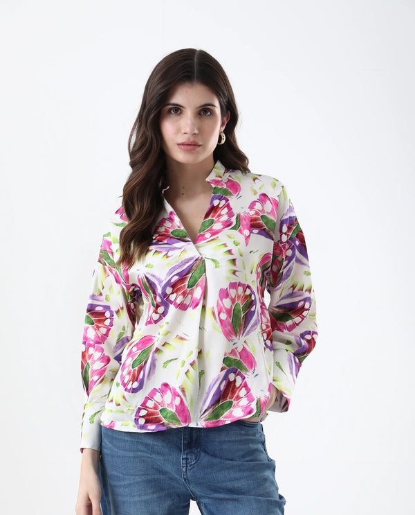 Rareism Women Gunay Multi Polyester Fabric Full Sleeve V-Neck Button Closure Abstract Print Regular Fit Top