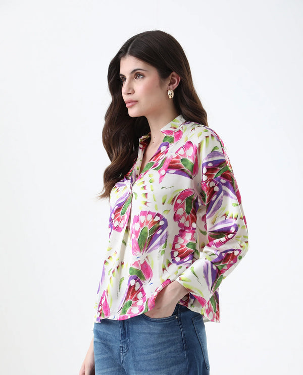 Rareism Women Gunay Multi Polyester Fabric Full Sleeve V-Neck Button Closure Abstract Print Regular Fit Top