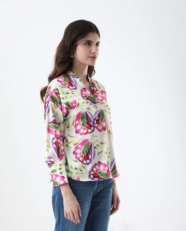 Rareism Women Gunay Multi Polyester Fabric Full Sleeve V-Neck Button Closure Abstract Print Regular Fit Top