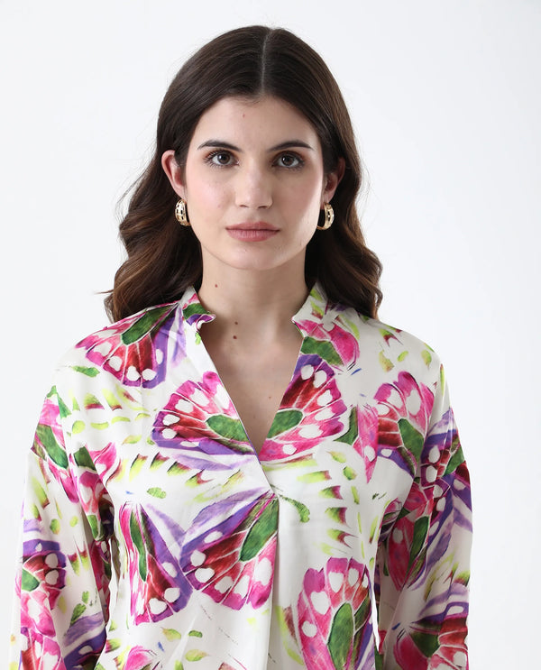 Rareism Women Gunay Multi Polyester Fabric Full Sleeve V-Neck Button Closure Abstract Print Regular Fit Top