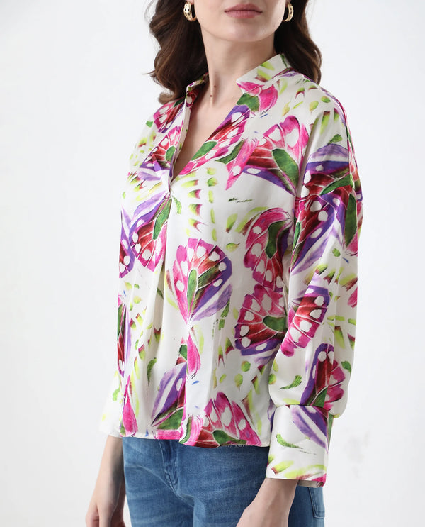Rareism Women Gunay Multi Polyester Fabric Full Sleeve V-Neck Button Closure Abstract Print Regular Fit Top