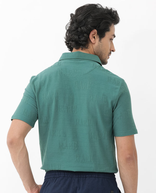 Rare Rabbit Mens Gesset-2 Dusky Green Short Sleeve Jacquard Textured Statement Polo T-Shirt