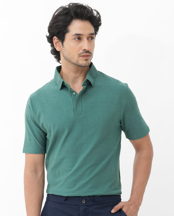 Rare Rabbit Mens Gesset-2 Dusky Green Short Sleeve Jacquard Textured Statement Polo T-Shirt
