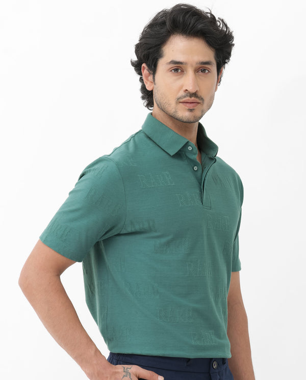 Rare Rabbit Mens Gesset-2 Dusky Green Short Sleeve Jacquard Textured Statement Polo T-Shirt