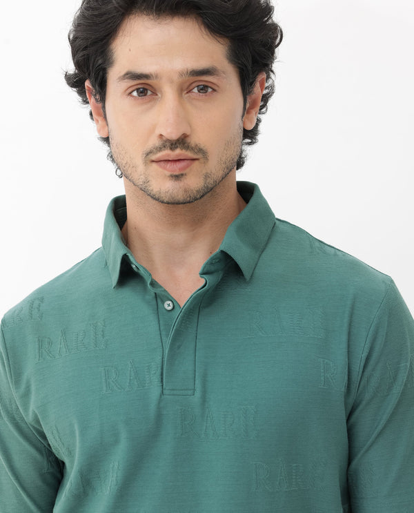 Rare Rabbit Mens Gesset-2 Dusky Green Short Sleeve Jacquard Textured Statement Polo T-Shirt