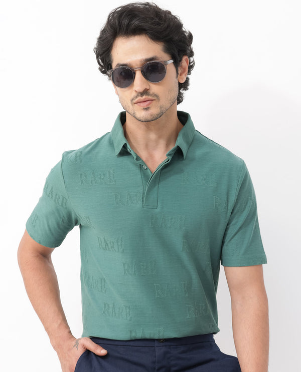 Rare Rabbit Mens Gesset-2 Dusky Green Short Sleeve Jacquard Textured Statement Polo T-Shirt