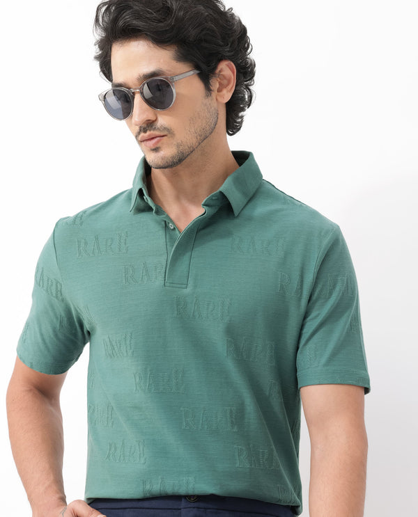 Rare Rabbit Mens Gesset-2 Dusky Green Short Sleeve Jacquard Textured Statement Polo T-Shirt