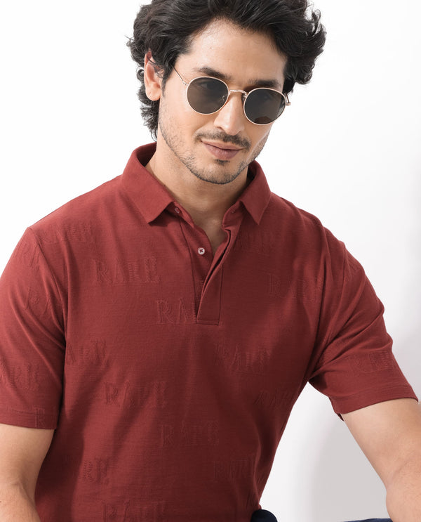Rare Rabbit Mens Gesset-2 Dusky Rust Short Sleeve Jacquard Textured Statement Polo T-Shirt