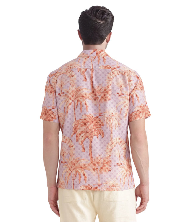 Rare Rabbit Men Gusy Pastel Purple Viscose Nylon Fabric Half Sleeve Cuban Collar Button Closure Relaxed Fit Monogra and Tropical Print Shirt