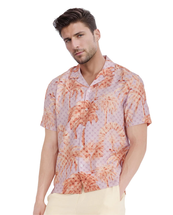 Rare Rabbit Men Gusy Pastel Purple Viscose Nylon Fabric Half Sleeve Cuban Collar Button Closure Relaxed Fit Monogra and Tropical Print Shirt