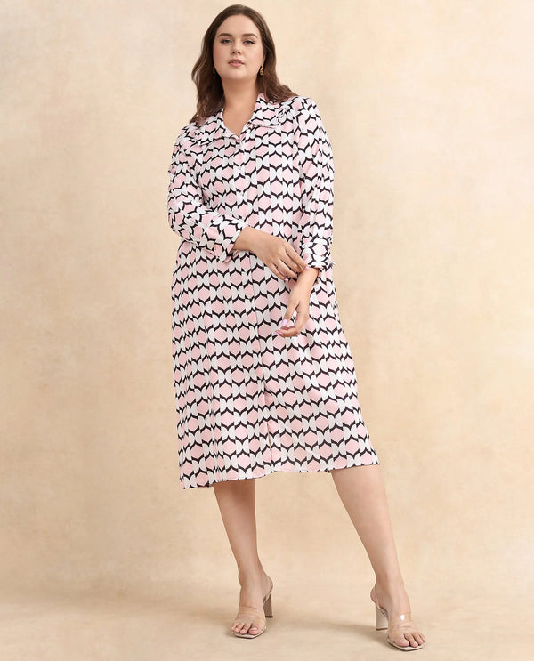 Rareism Women Gyumri Light Multi Polyester Fabric Raglan Sleeves Collared Neck Button Closure A-Line Midi Geometric Print Dress