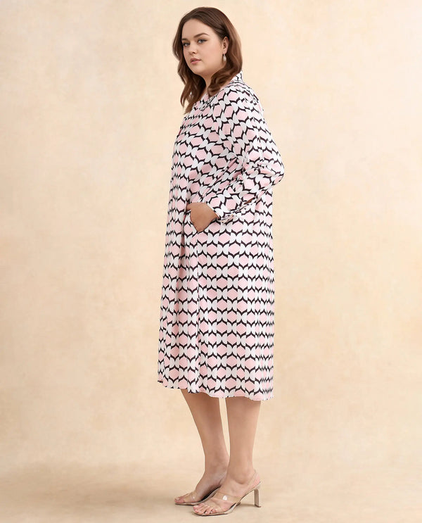 Rareism Women Gyumri Light Multi Polyester Fabric Raglan Sleeves Collared Neck Button Closure A-Line Midi Geometric Print Dress