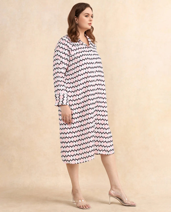 Rareism Women Gyumri Light Multi Polyester Fabric Raglan Sleeves Collared Neck Button Closure A-Line Midi Geometric Print Dress