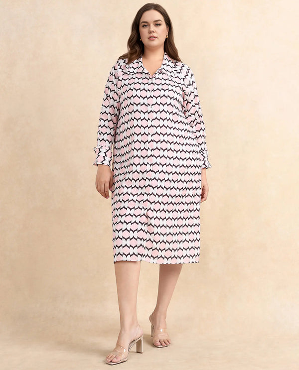 Rareism Women Gyumri Light Multi Polyester Fabric Raglan Sleeves Collared Neck Button Closure A-Line Midi Geometric Print Dress