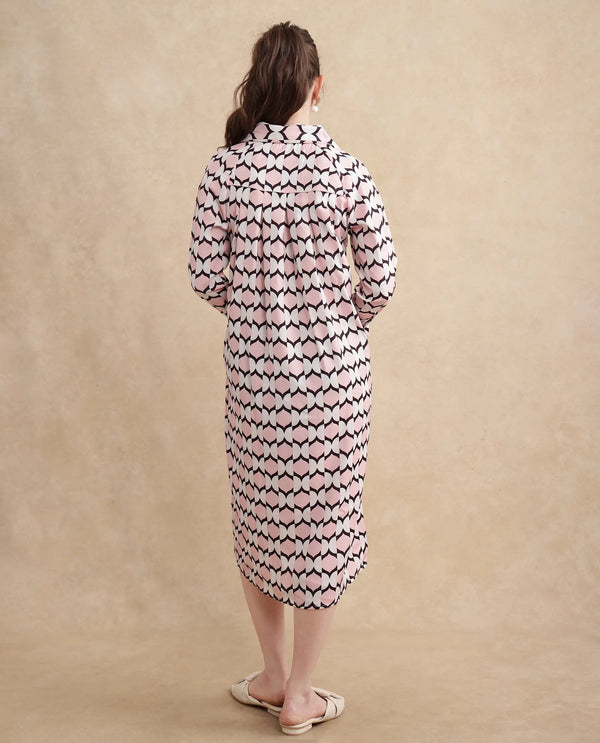 Rareism Women Gyumri Light Multi Polyester Fabric Raglan Sleeves Collared Neck Button Closure A-Line Midi Geometric Print Dress