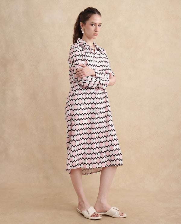 Rareism Women Gyumri Light Multi Polyester Fabric Raglan Sleeves Collared Neck Button Closure A-Line Midi Geometric Print Dress