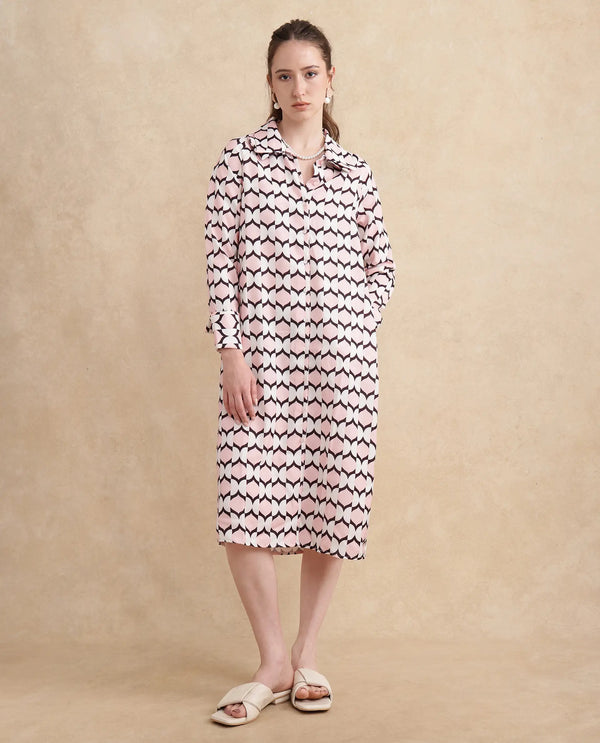 Rareism Women Gyumri Light Multi Polyester Fabric Raglan Sleeves Collared Neck Button Closure A-Line Midi Geometric Print Dress