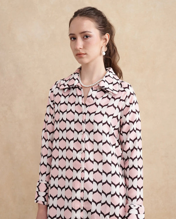 Rareism Women Gyumri Light Multi Polyester Fabric Raglan Sleeves Collared Neck Button Closure A-Line Midi Geometric Print Dress