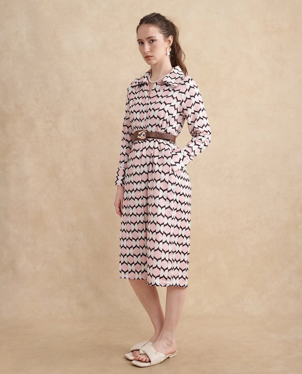 Rareism Women Gyumri Light Multi Polyester Fabric Raglan Sleeves Collared Neck Button Closure A-Line Midi Geometric Print Dress