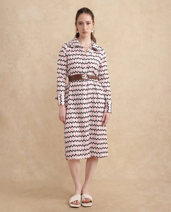 Rareism Women Gyumri Light Multi Polyester Fabric Raglan Sleeves Collared Neck Button Closure A-Line Midi Geometric Print Dress