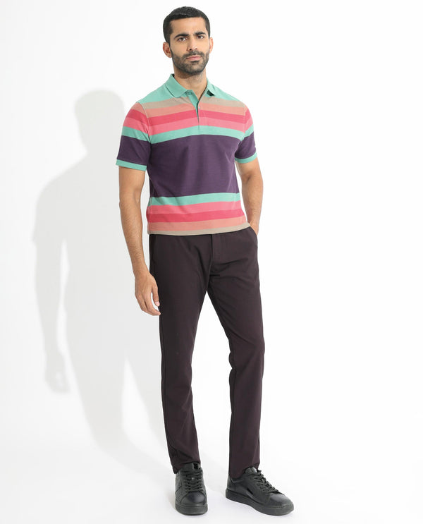 Rare Rabbit Men's Glasglow Green Cotton Fabric Collared Neck Half Sleeves Striped Polo T-Shirt