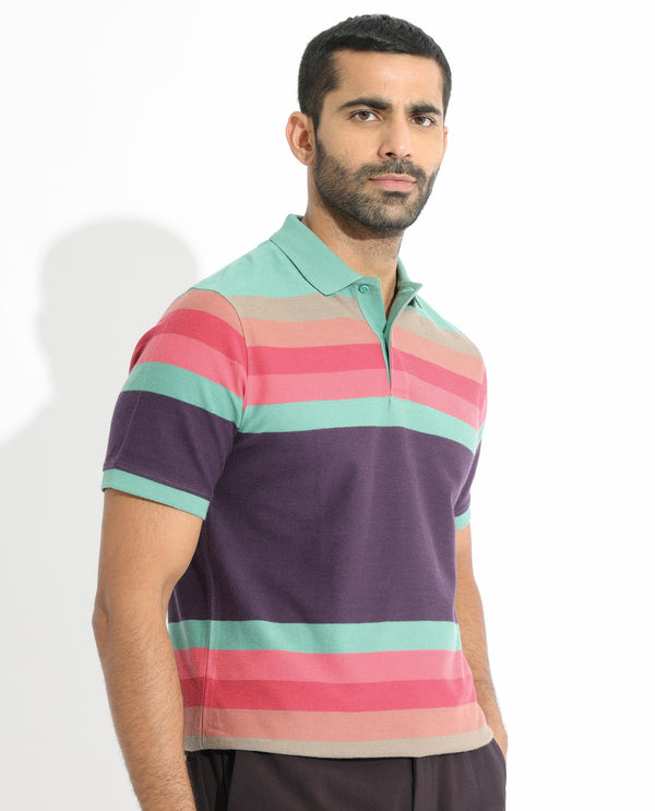 Rare Rabbit Men's Glasglow Green Cotton Fabric Collared Neck Half Sleeves Striped Polo T-Shirt