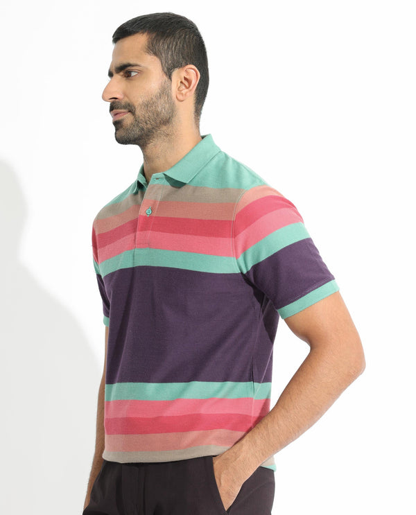 Rare Rabbit Men's Glasglow Green Cotton Fabric Collared Neck Half Sleeves Striped Polo T-Shirt