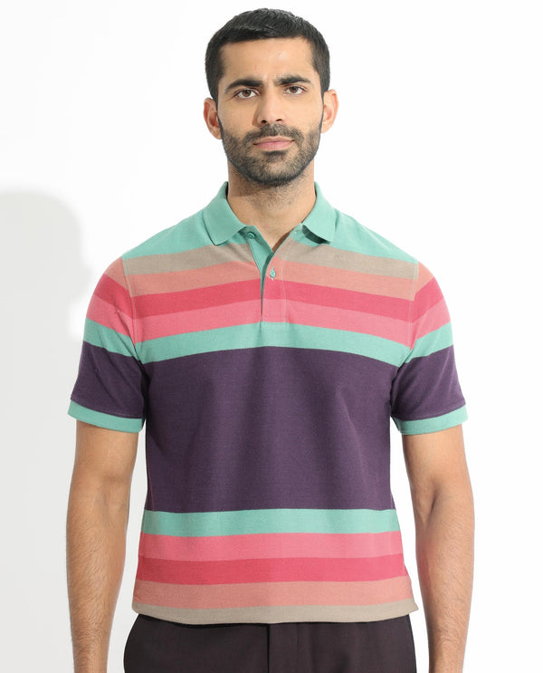 Rare Rabbit Men's Glasglow Green Cotton Fabric Collared Neck Half Sleeves Striped Polo T-Shirt