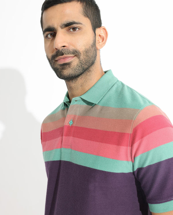 Rare Rabbit Men's Glasglow Green Cotton Fabric Collared Neck Half Sleeves Striped Polo T-Shirt