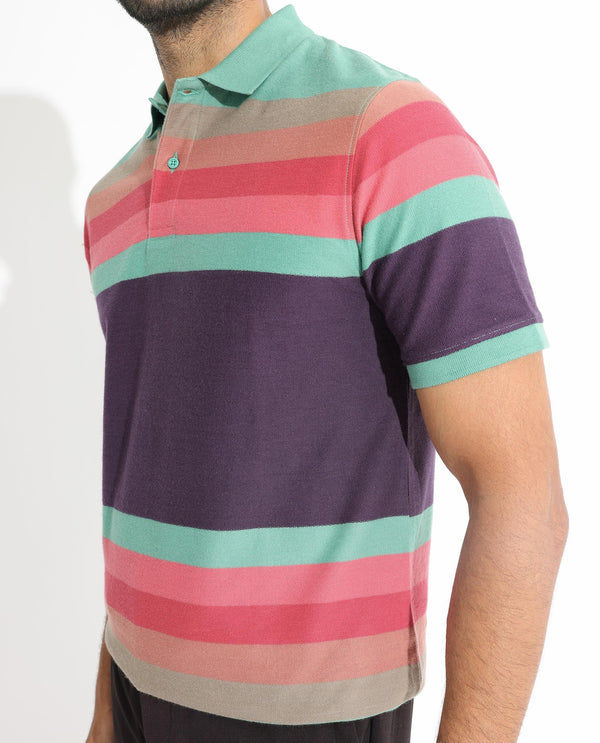 Rare Rabbit Men's Glasglow Green Cotton Fabric Collared Neck Half Sleeves Striped Polo T-Shirt