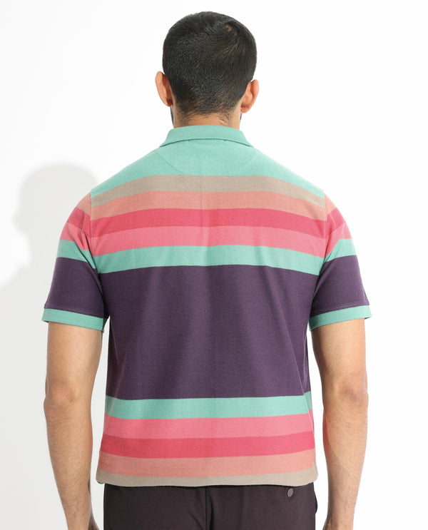 Rare Rabbit Men's Glasglow Green Cotton Fabric Collared Neck Half Sleeves Striped Polo T-Shirt