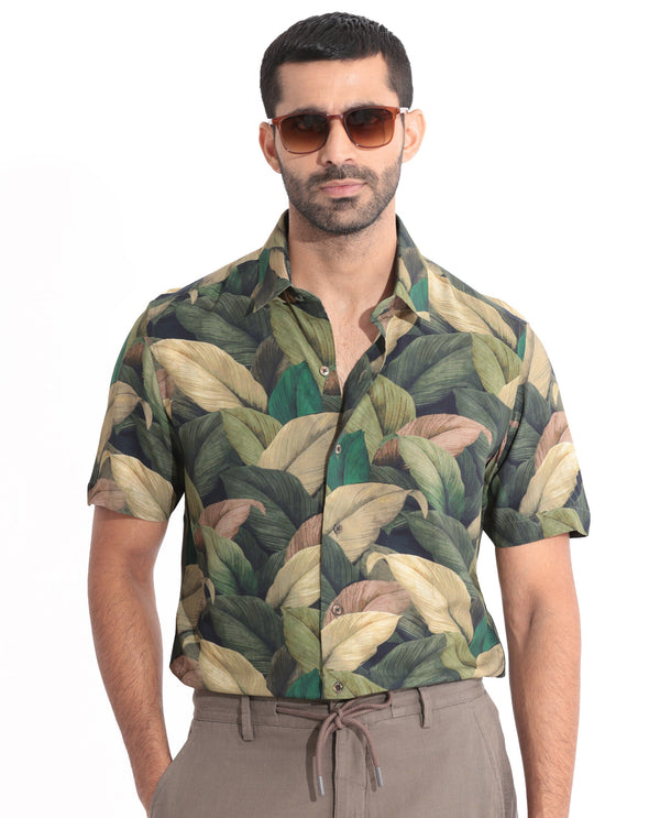 Rare Rabbit Men's Growr Green Viscose Fabric tropical Print Half Sleeves Shirt